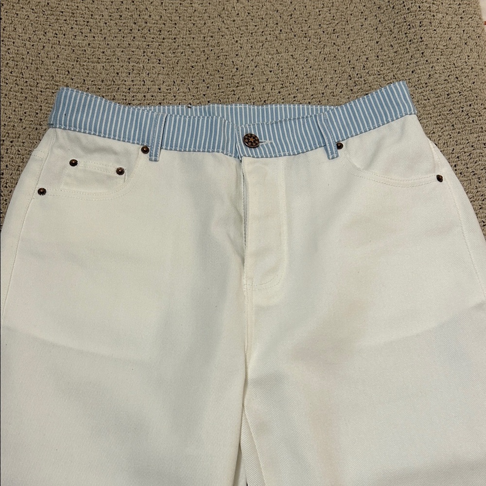 White Jeans with Blue Striped Waistband,Boot cut.